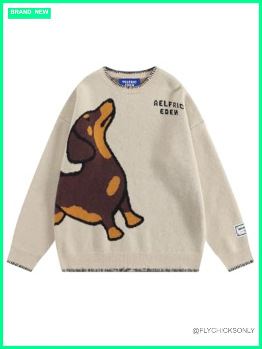 Oversized Dachshund Jacquard Knit Sweater Pullover Crewneck Long Sleeve